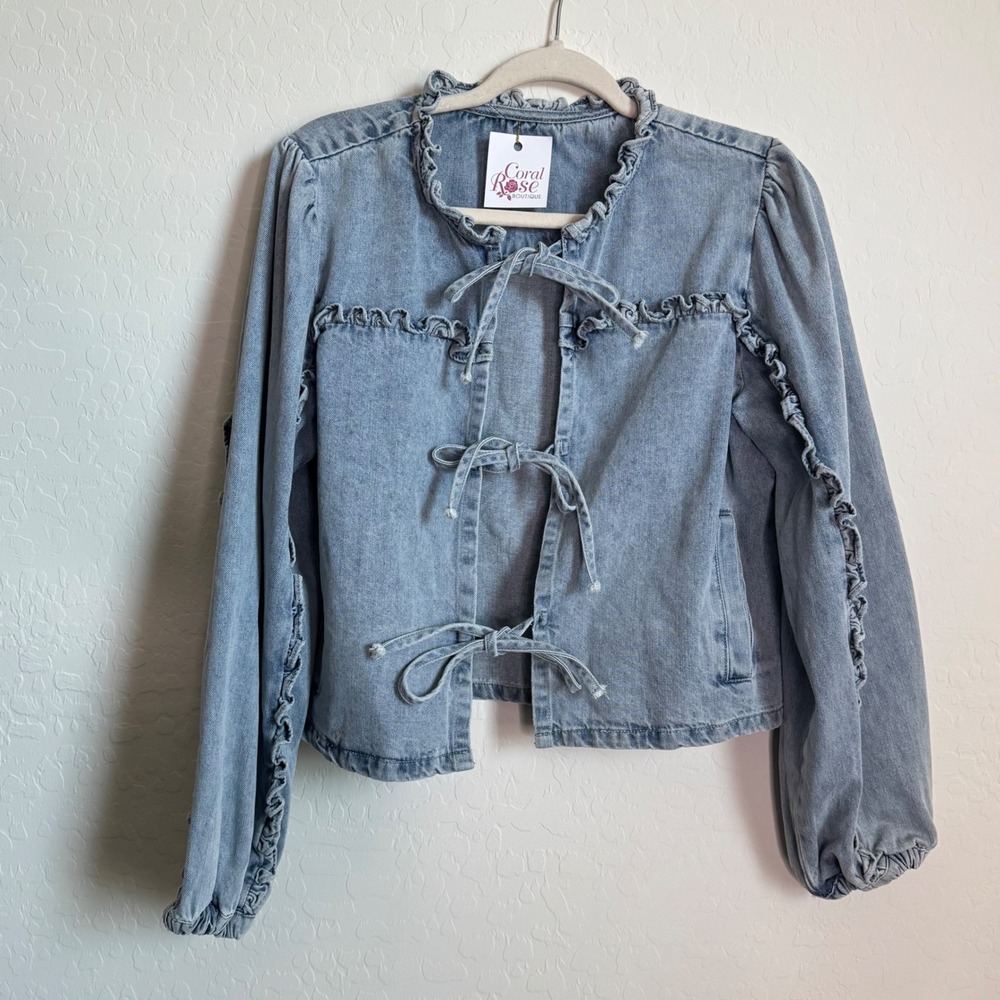 NEW Coral Rose Boutique Light Wash Denim Ruffle Tie Front Bow Jacket Womens L